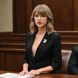 Taylor Swift in an authoritative stance in a courtroom, taking legal action against a fictional entity named 'Zvbear', projecting a commanding presence.