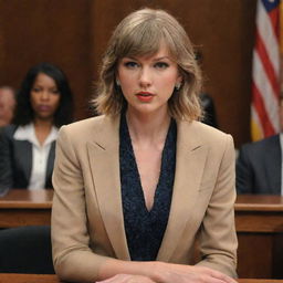 Taylor Swift in an authoritative stance in a courtroom, taking legal action against a fictional entity named 'Zvbear', projecting a commanding presence.