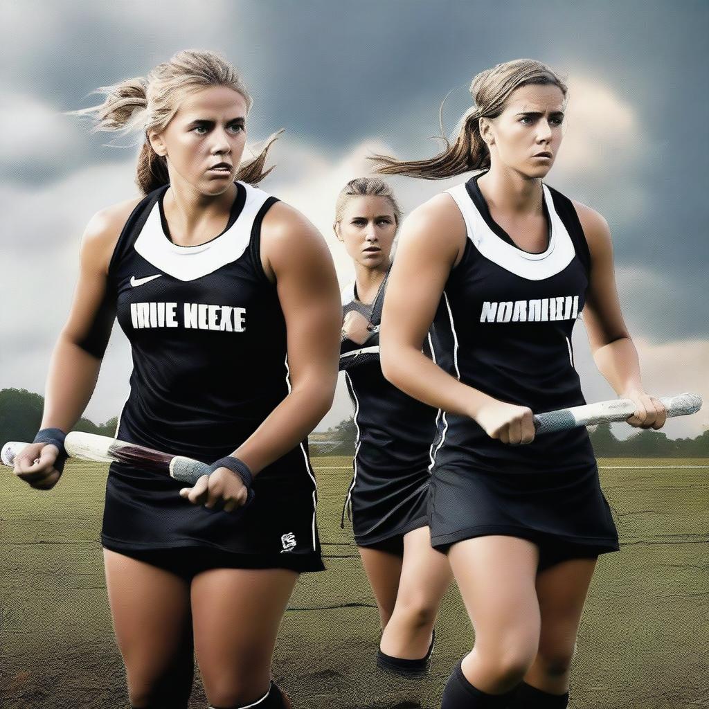 A movie poster featuring three black and one white female field hockey players