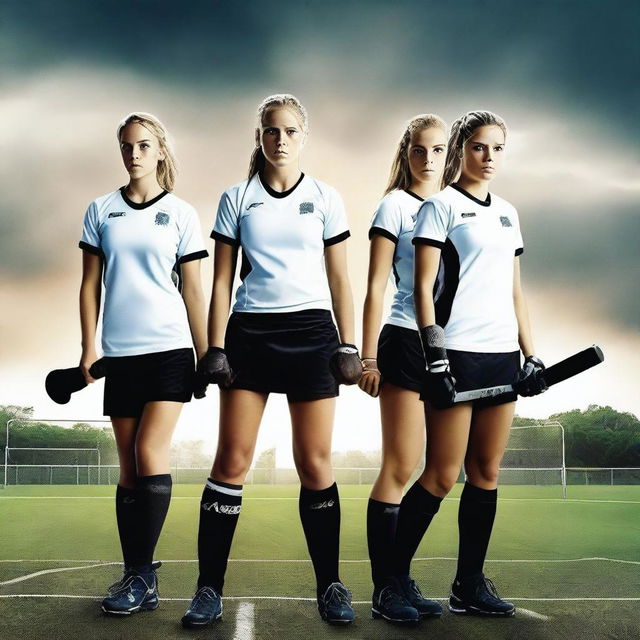 A movie poster featuring three black and one white female field hockey players