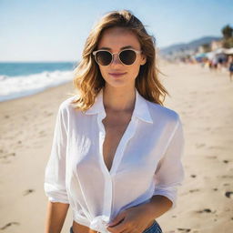 An elegant California girl, radiating warmth and optimism, having a trendy outfit and sunglasses, chilling at the sunny beach.