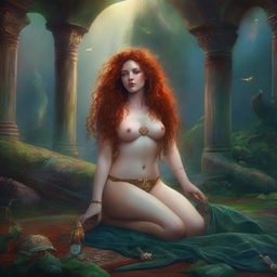 Full body image of a freckled, full-lipped, curly redhaired priestess laying down in a fantasy setting