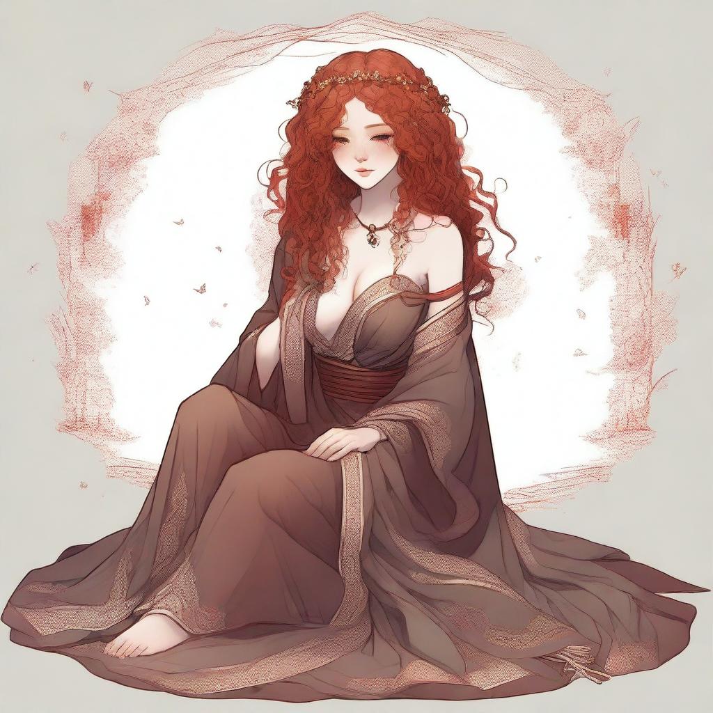 A full body image of a freckled, full-lipped priestess with curly red hair, laying down peacefully