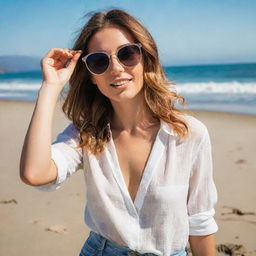 An elegant California girl, radiating warmth and optimism, having a trendy outfit and sunglasses, chilling at the sunny beach.