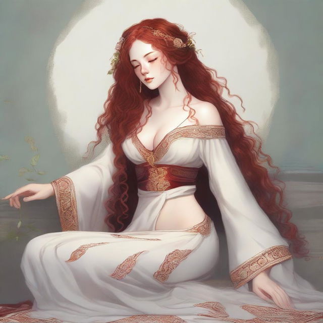 A full body image of a freckled, full-lipped priestess with curly red hair, laying down peacefully