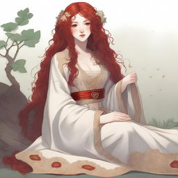 A full body image of a freckled, full-lipped priestess with curly red hair, laying down peacefully