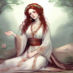 A full body image of a freckled, full-lipped priestess with curly red hair, laying down peacefully