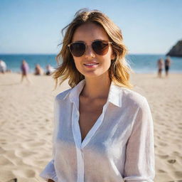 An elegant California girl, radiating warmth and optimism, having a trendy outfit and sunglasses, chilling at the sunny beach.