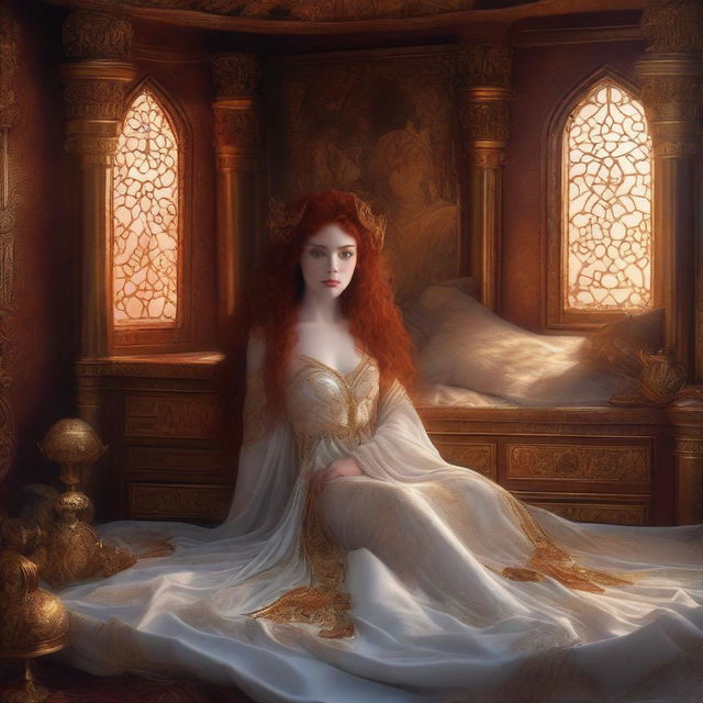 A detailed fantasy scene depicting a full body view of a freckled, full-lipped, curly red-haired priestess lying down in a lavish, mystical bedroom