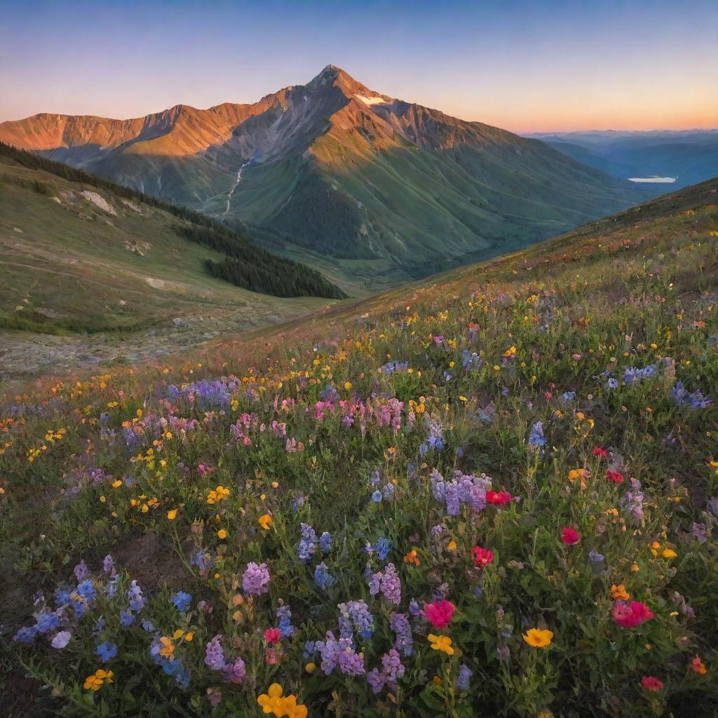 An idyllic mountain scene at sunset, full of vibrant colors casting stunning hues over the dotted wildflowers on the slopes.