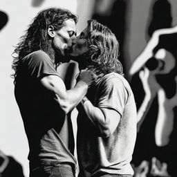 Create an artistic and respectful image of Chris Cornell kissing Eddie Vedder