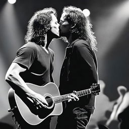 Create an artistic and respectful image of Chris Cornell kissing Eddie Vedder