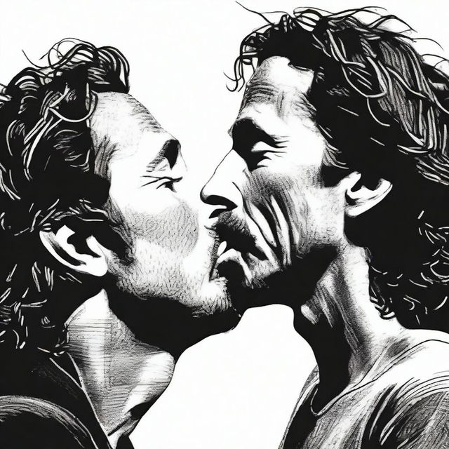 Create an artistic and respectful image of Chris Cornell kissing Eddie Vedder