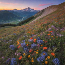 An idyllic mountain scene at sunset, full of vibrant colors casting stunning hues over the dotted wildflowers on the slopes.