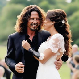 Create an artistic and heartwarming image of Chris Cornell marrying Eddie Vedder