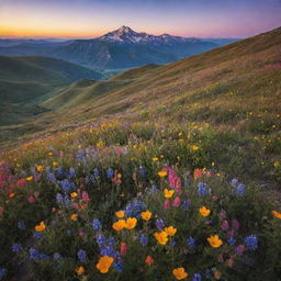 An idyllic mountain scene at sunset, full of vibrant colors casting stunning hues over the dotted wildflowers on the slopes.