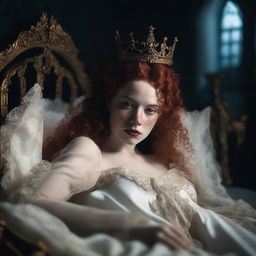 A full-body image of a female, freckled with full lips and curly red hair, depicted as a princess