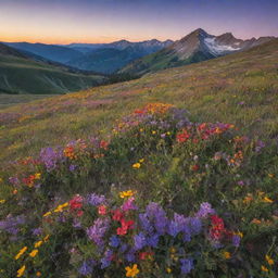 An idyllic mountain scene at sunset, full of vibrant colors casting stunning hues over the dotted wildflowers on the slopes.