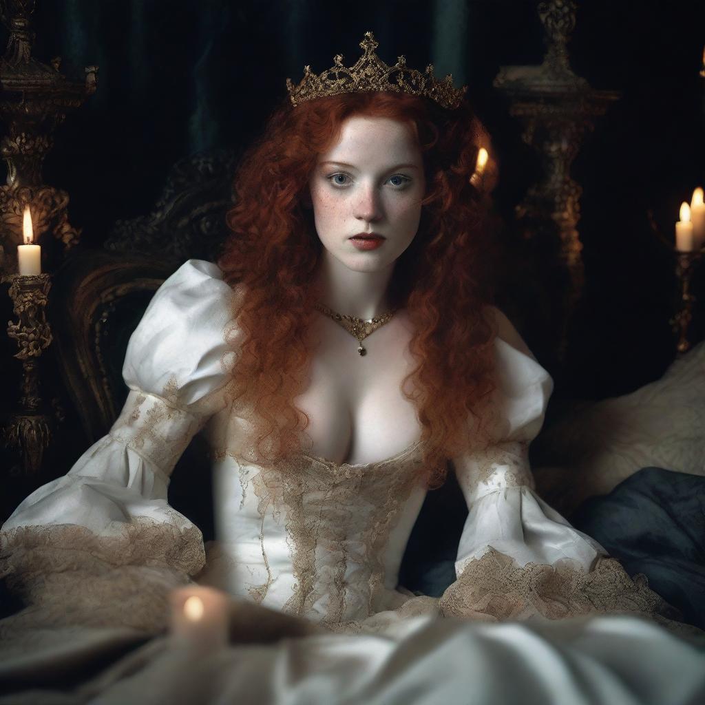 A full-body image of a female, freckled with full lips and curly red hair, depicted as a princess