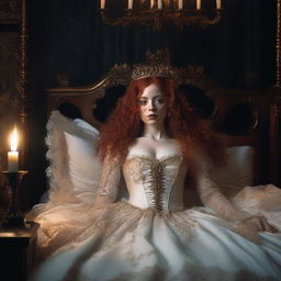 A full-body image of a female, freckled with full lips and curly red hair, depicted as a princess