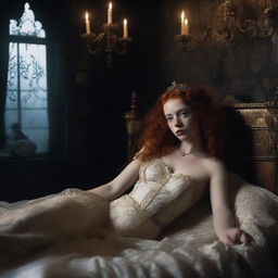 A full-body image of a female, freckled with full lips and curly red hair, depicted as a princess