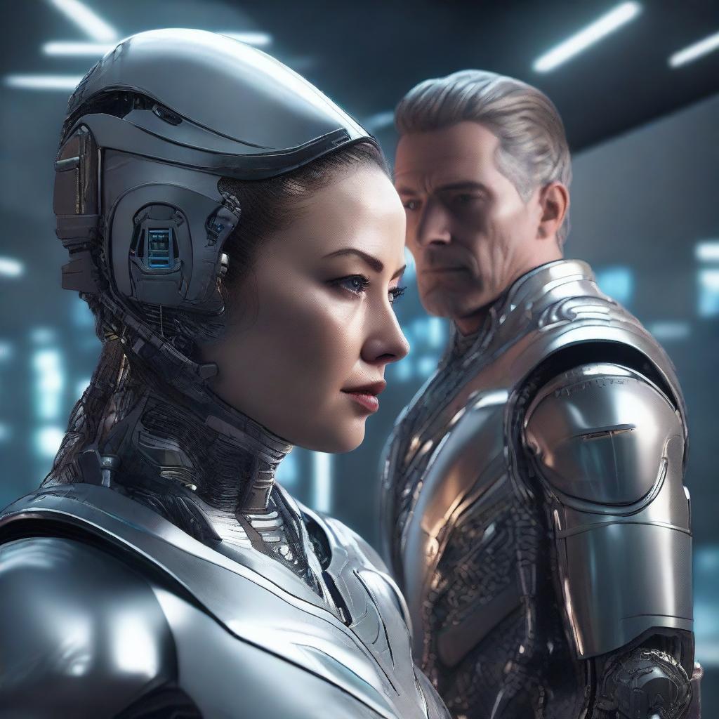 A highly detailed, photorealistic artwork of a woman from the future and a man from the past, separated by two worlds