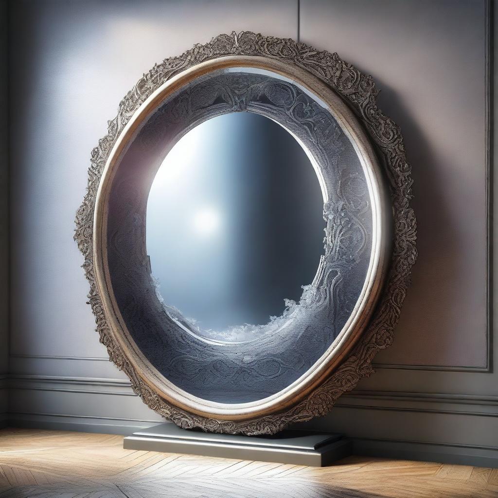 A highly detailed, photorealistic artwork of a portal mirror connecting two worlds