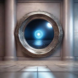 A highly detailed, photorealistic artwork of a portal mirror connecting two worlds