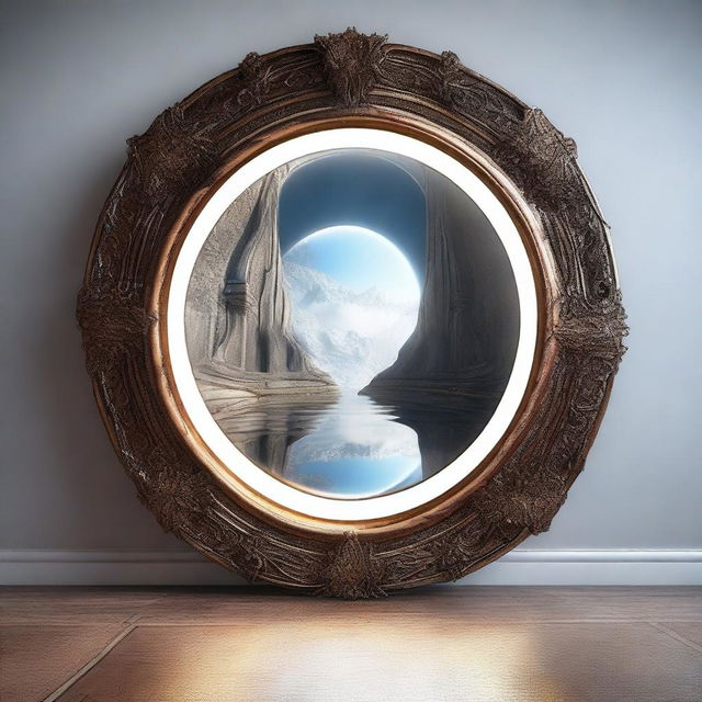 A highly detailed, photorealistic artwork of a portal mirror connecting two worlds