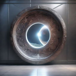 A highly detailed, photorealistic artwork of a portal mirror connecting two worlds