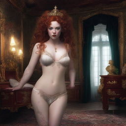 A full body image of a startled, freckled, curly red-haired princess with full lips, wearing a tiny white and gold thong bikini