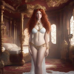 A full body image of a freckled, curly red-haired princess with full lips, wearing a tiny white and gold slingshot bikini