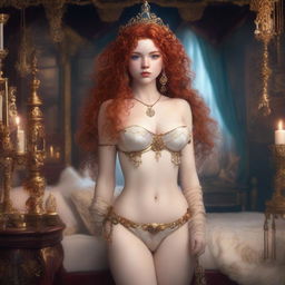 A full body image of a freckled, curly red-haired princess with full lips, wearing a tiny white and gold slingshot bikini