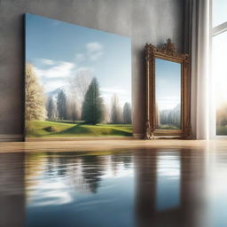 A highly detailed, photorealistic artwork of two worlds separated by a mirror