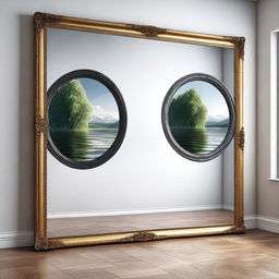 A highly detailed, photorealistic artwork of two worlds separated by a mirror