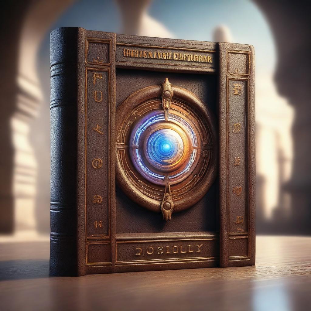 A highly detailed, photorealistic artwork of a portal for time travel designed as a book cover