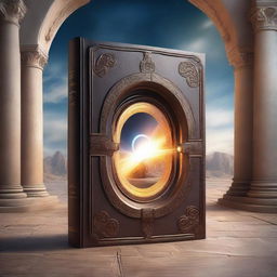 A highly detailed, photorealistic artwork of a portal for time travel designed as a book cover