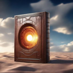 A highly detailed, photorealistic artwork of a portal for time travel designed as a book cover