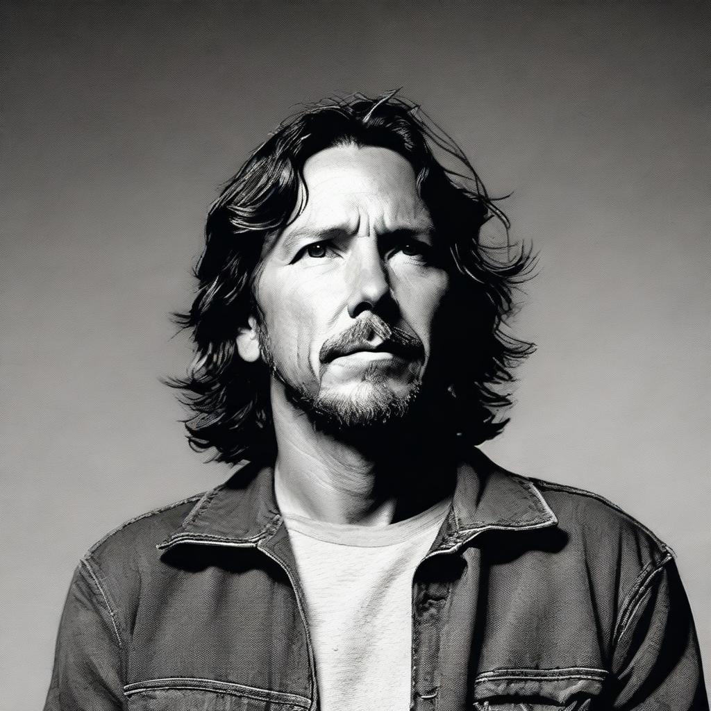 Eddie Vedder, the lead singer of Pearl Jam, looking up towards the camera with a calm and contemplative expression