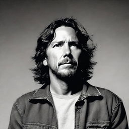 Eddie Vedder, the lead singer of Pearl Jam, looking up towards the camera with a calm and contemplative expression