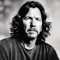 Eddie Vedder, the lead singer of Pearl Jam, looking up towards the camera with a calm and contemplative expression