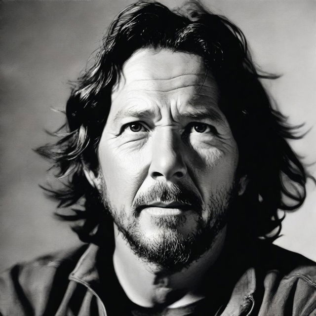 Eddie Vedder, the lead singer of Pearl Jam, looking up towards the camera with a calm and contemplative expression