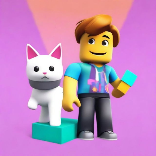 A Roblox character, styled as a kid, standing next to his pet Roblox kitten named Dahoot