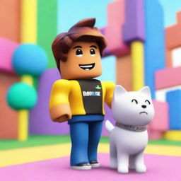 A Roblox character, styled as a kid, standing next to his pet Roblox kitten named Dahoot