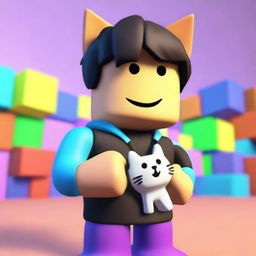 A Roblox character, styled as a kid, standing next to his pet Roblox kitten named Dahoot