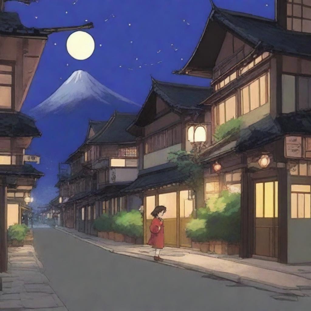 A serene Japanese town at night with lights on, but no humans in sight