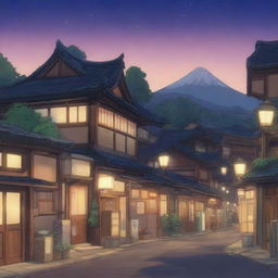 A serene Japanese town at night with lights on, but no humans in sight