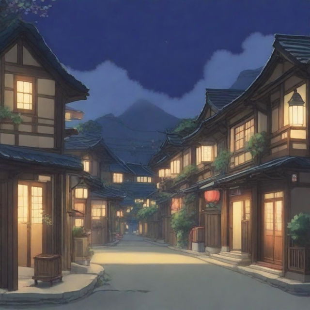 A serene Japanese town at night with lights on, but no humans in sight