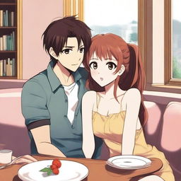 An anime-style illustration featuring a girl with a seductive expression, playfully interacting with her boyfriend