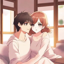 An anime-style illustration featuring a girl with a seductive expression, playfully interacting with her boyfriend